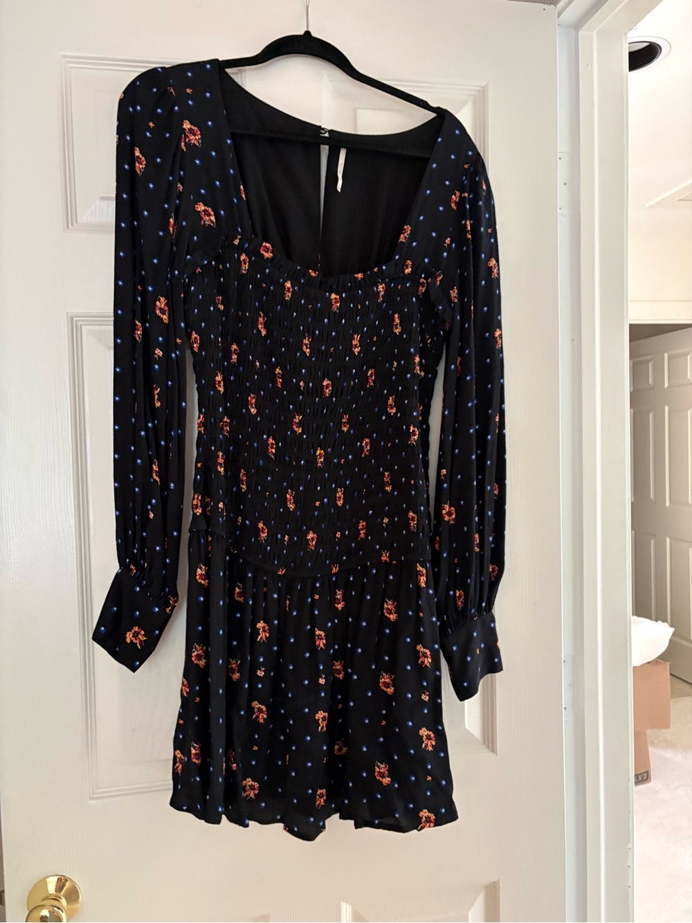 Black Floral Long-Sleeve Smocked Mini Dress